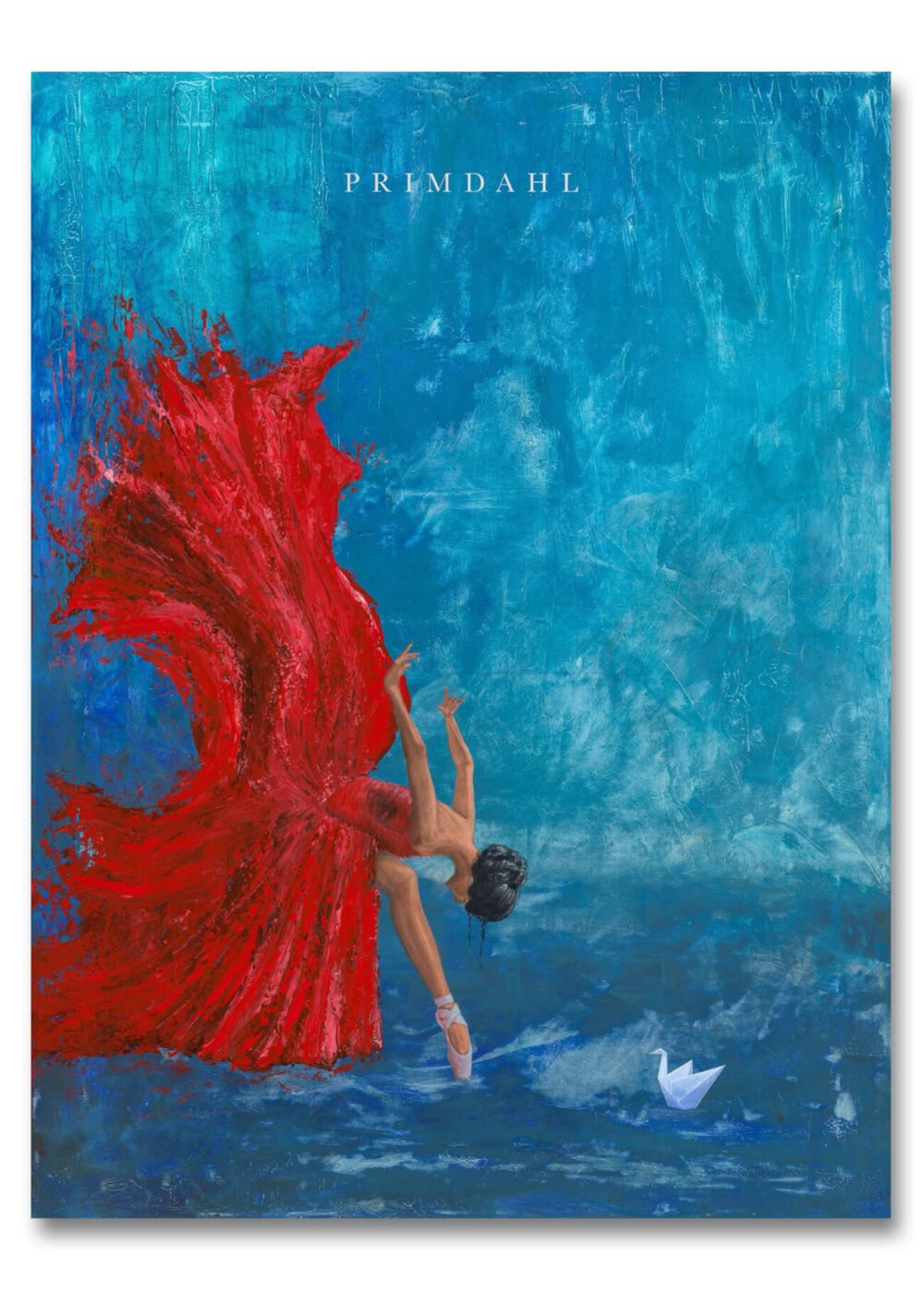 ballerina painting of a ballerina bowing before a paper swan. fine art painting. dansk kunst