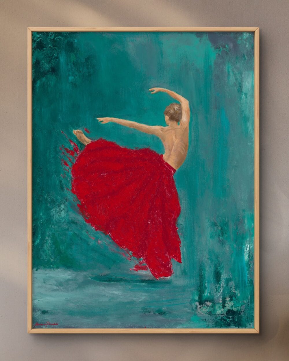 Balletdanser i rød kjole mod turkis baggrund, hænger i et rum – kunstplakat af Morten Primdahl