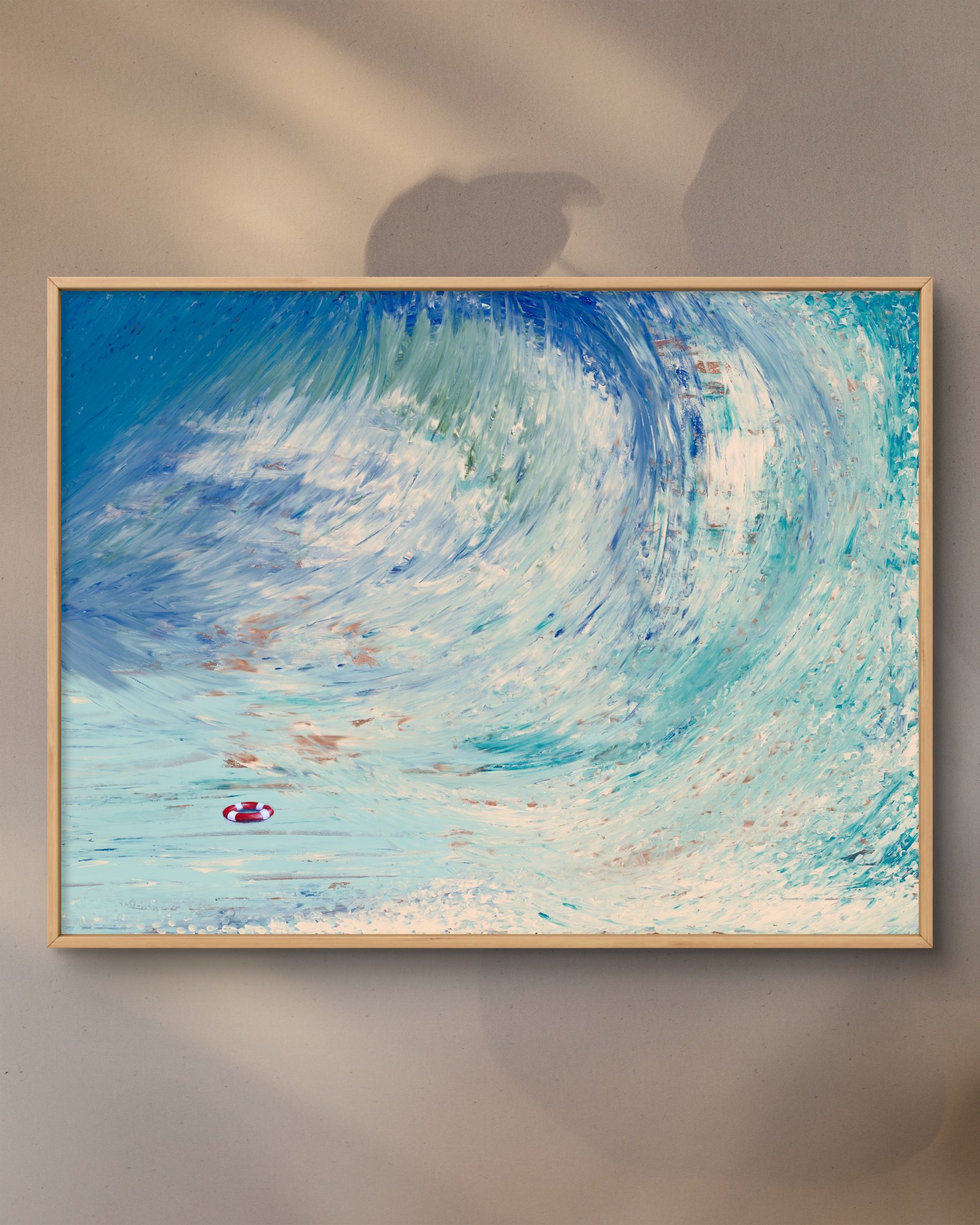 Abstrakt landskab med blå, grønne og hvide nuancer, hænger på væg – kunstplakat af Morten Primdahl
