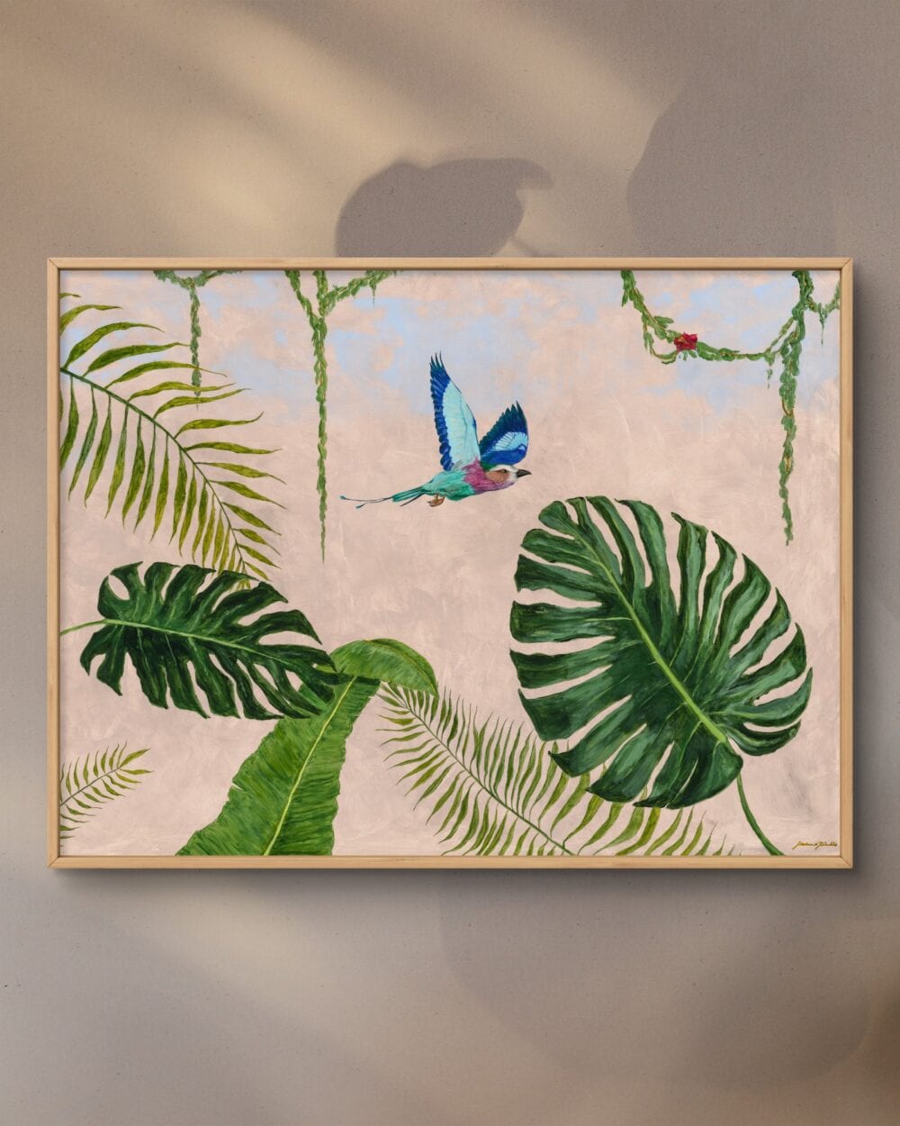 Fugle flyver over store grønne blade og klatreplanter – kunstplakat af Morten Primdahl