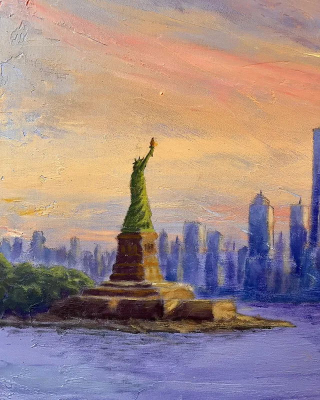 Udsnit af maleriet: Frihedsgudinden foran Manhattans skyline